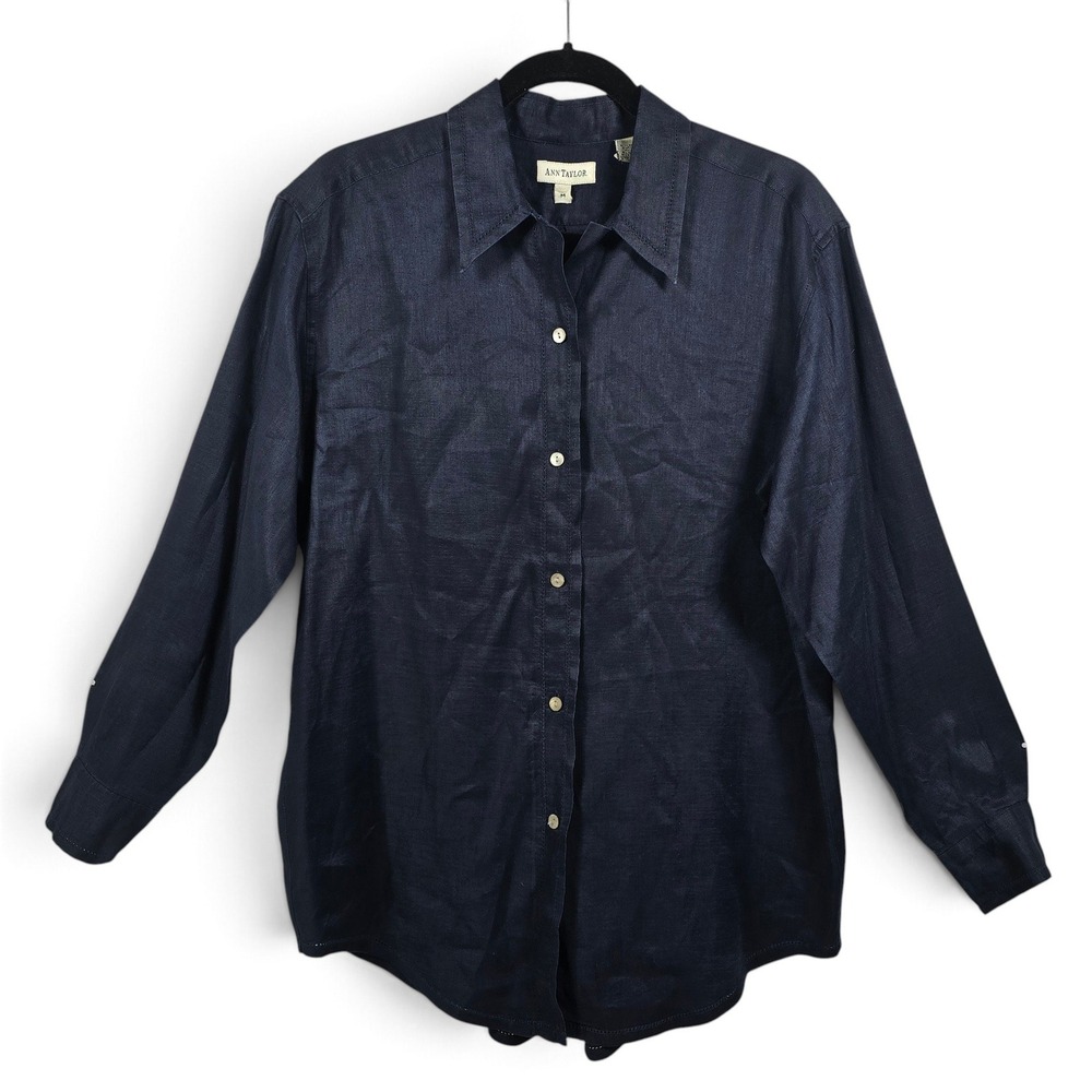 Ann Taylor Linen Shirt Womens M Navy Blue Long Sleeve Button Down Classic Office